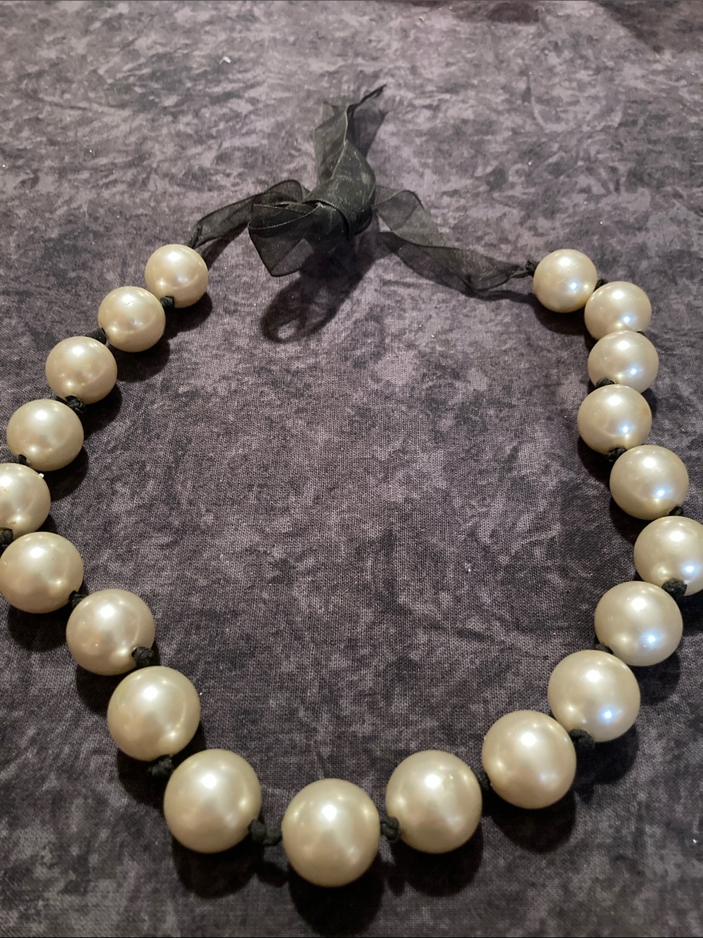 Classic Oversized Ivory Faux Pearl Necklace with Black Ribbon